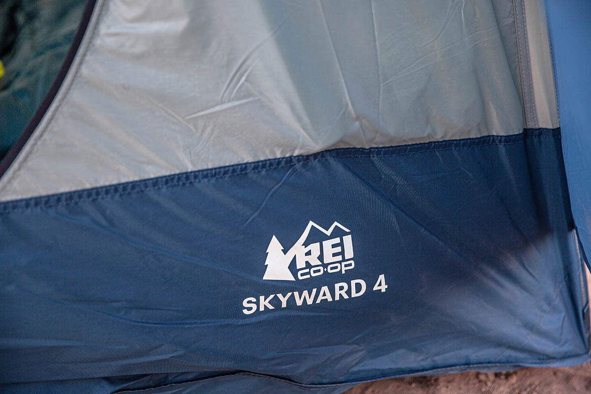 REI Co-op Skyward 4 camping tent (logo closeup) 